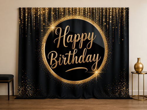 Black gold glitter Happy Birthday photography backdrop in an elegant portrait scene