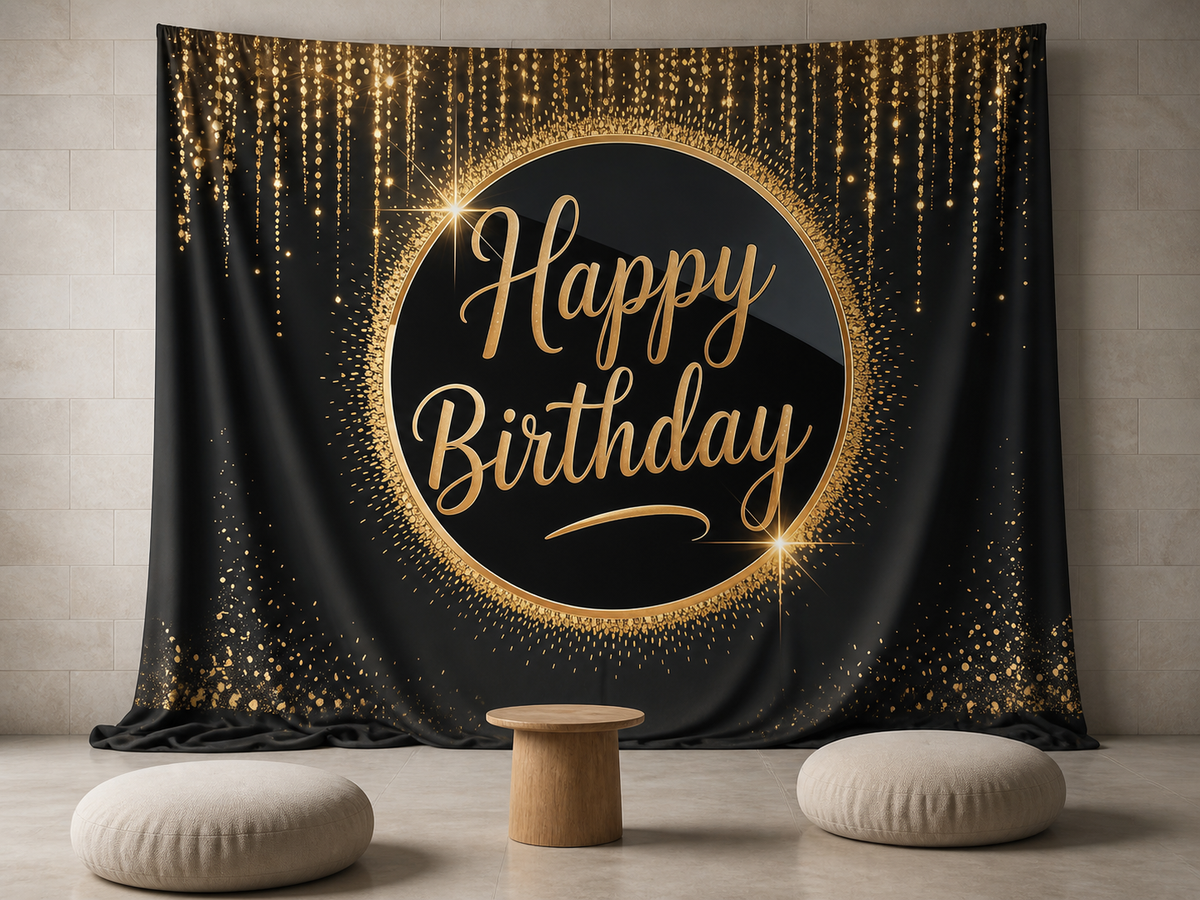Black gold glitter Happy Birthday photography backdrop in a photo booth scene