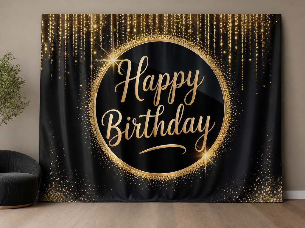 Black gold glitter Happy Birthday photography backdrop in a milestone event scene