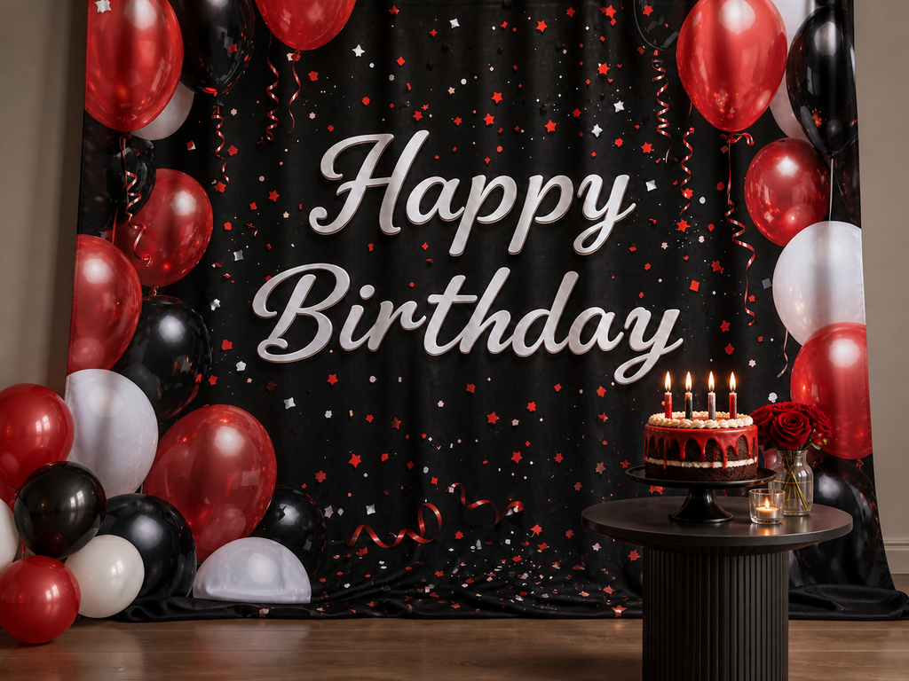 Red Black Happy Birthday fabric photography backdrop scene 1