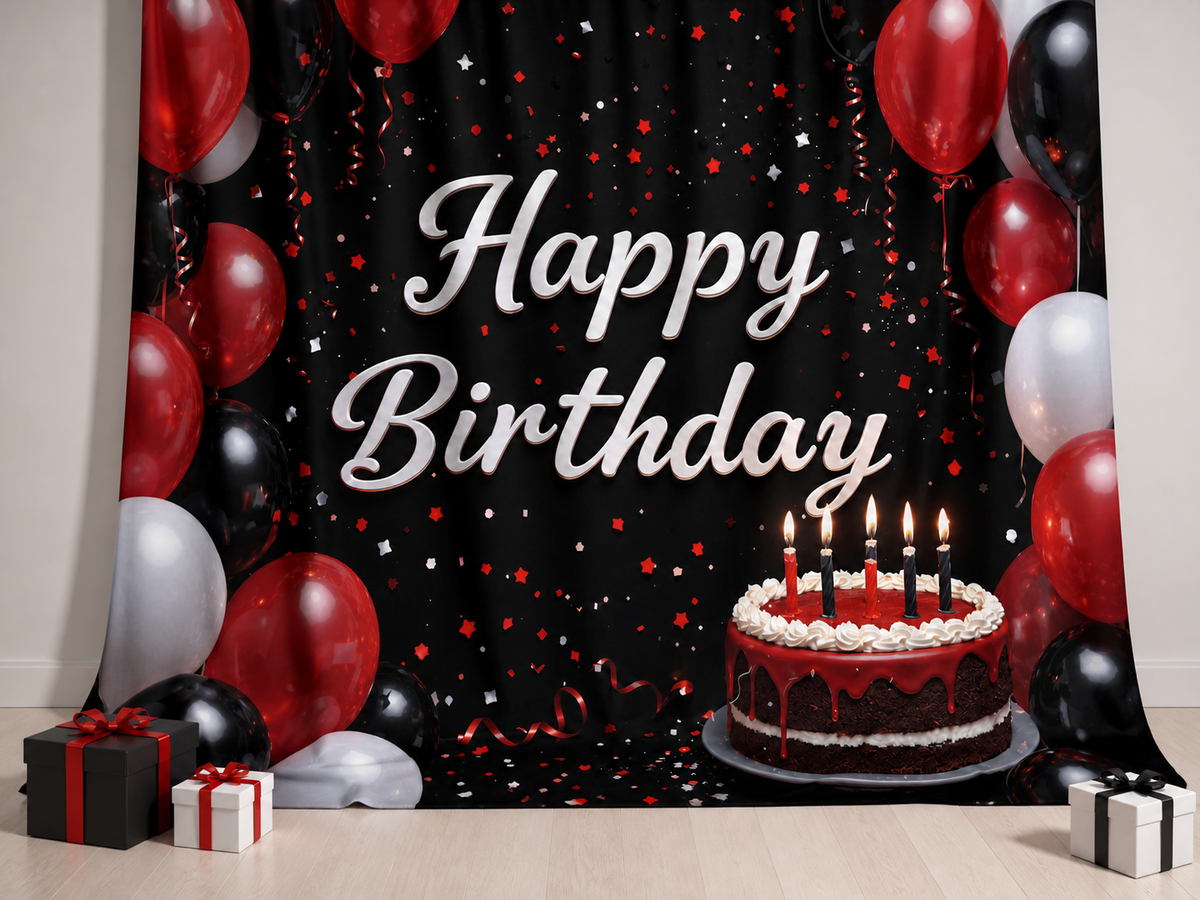 Red Black Happy Birthday fabric photography backdrop scene 2