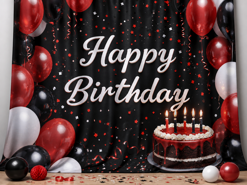 Red Black Happy Birthday fabric photography backdrop scene 3