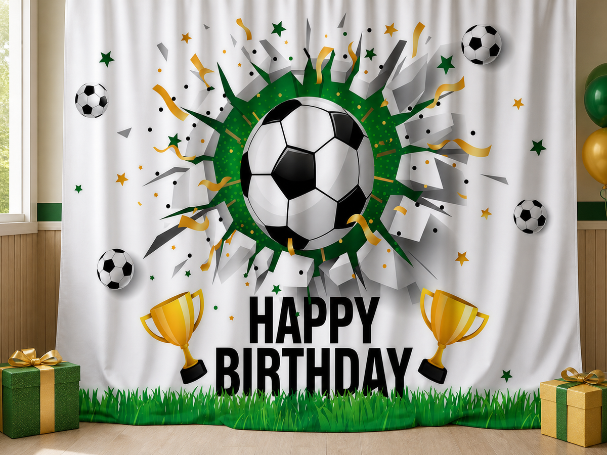 Soccer Trophy Happy Birthday fabric photography backdrop scene 1