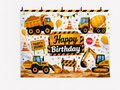 Construction Truck Happy Birthday printed polyester backdrop, shown at244 x183cm with straight-cut unhemmed edges and wall clips. Flat printed scenery; accessories not included.