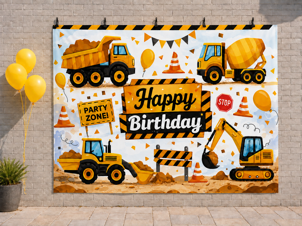 Construction Truck Happy Birthday printed polyester backdrop, shown at244 x183cm with straight-cut unhemmed edges and wall clips. Flat printed scenery; accessories not included.