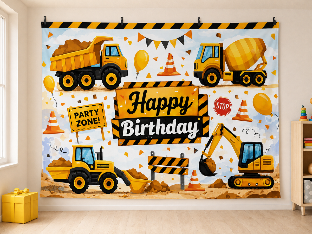 Construction Truck Happy Birthday printed polyester backdrop, shown at244 x183cm with straight-cut unhemmed edges and wall clips. Flat printed scenery; accessories not included.