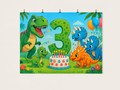 Dinosaur Third Birthday Cake Backdrop — complete flat printed design; accessories not included