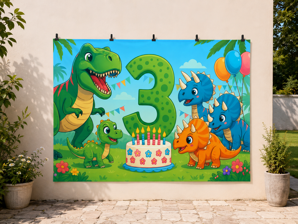 Dinosaur Third Birthday Cake Backdrop — temporary dry outdoor wall-clip display; accessories not included