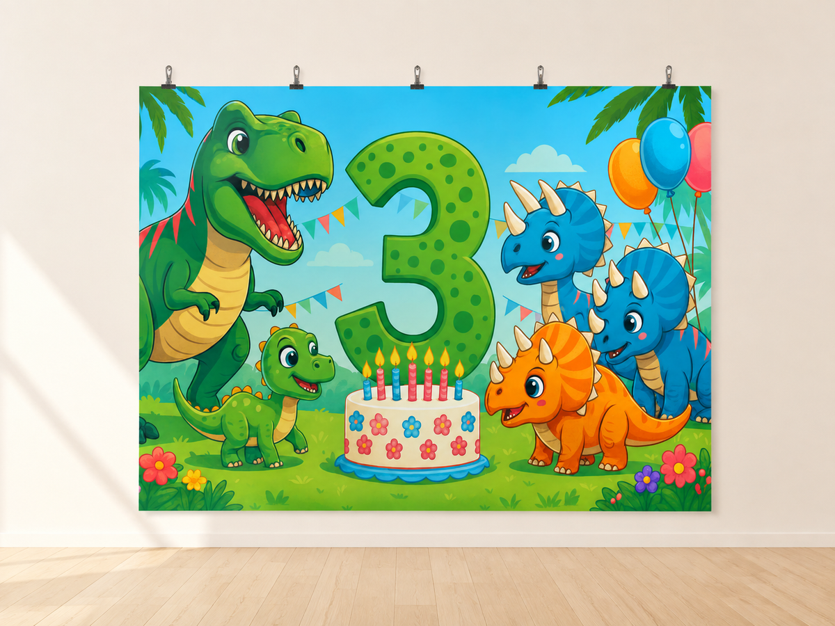 Dinosaur Third Birthday Cake Backdrop — indoor wall-clip display; accessories not included