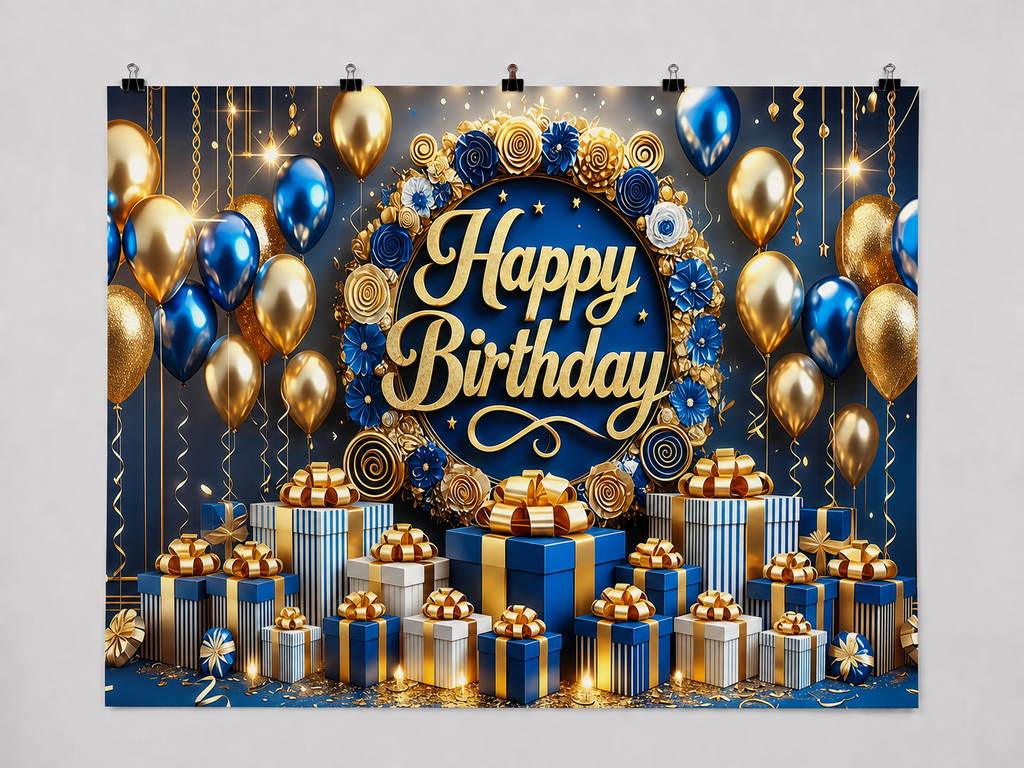 Blue and Gold Happy Birthday printed polyester backdrop, shown at244 x183cm with straight-cut unhemmed edges and wall clips. Flat printed scenery; accessories not included.