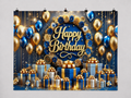 Blue and Gold Happy Birthday printed polyester backdrop, shown at244 x183cm with straight-cut unhemmed edges and wall clips. Flat printed scenery; accessories not included.