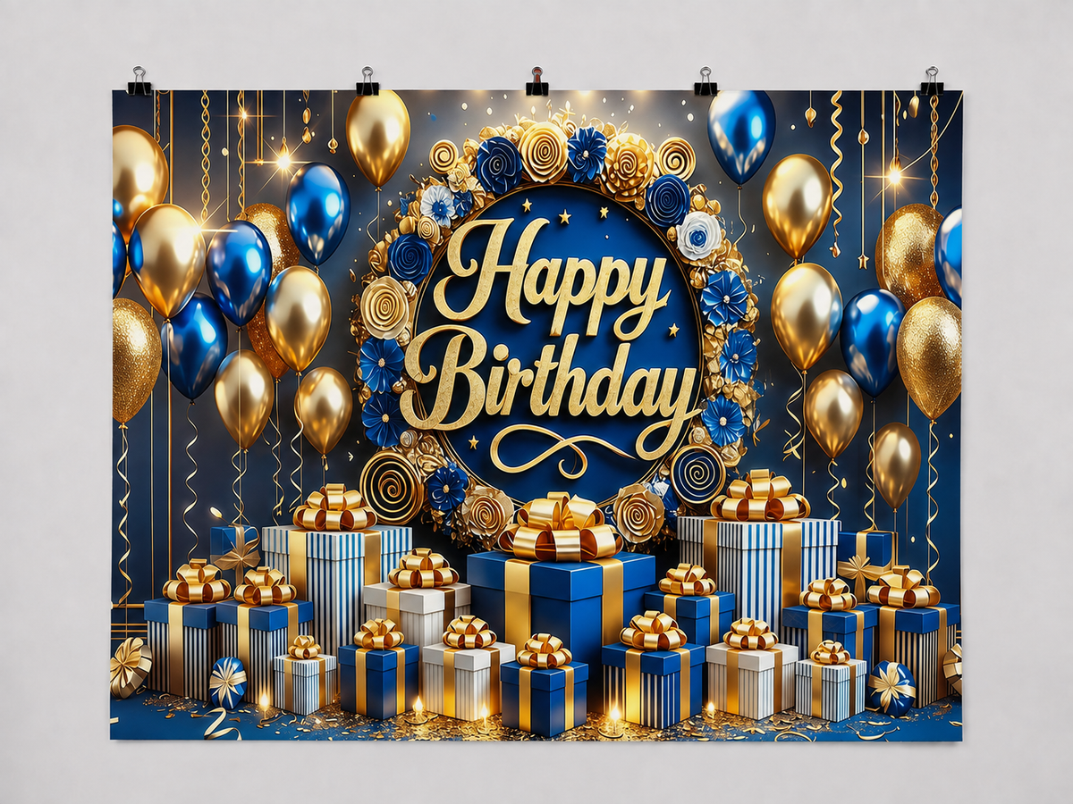 Blue and Gold Happy Birthday printed polyester backdrop, shown at244 x183cm with straight-cut unhemmed edges and wall clips. Flat printed scenery; accessories not included.
