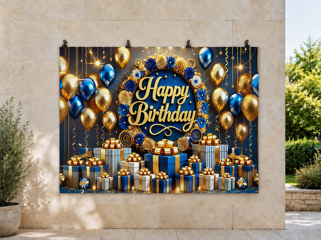 Blue and Gold Happy Birthday printed polyester backdrop, shown at244 x183cm with straight-cut unhemmed edges and wall clips. Flat printed scenery; accessories not included.
