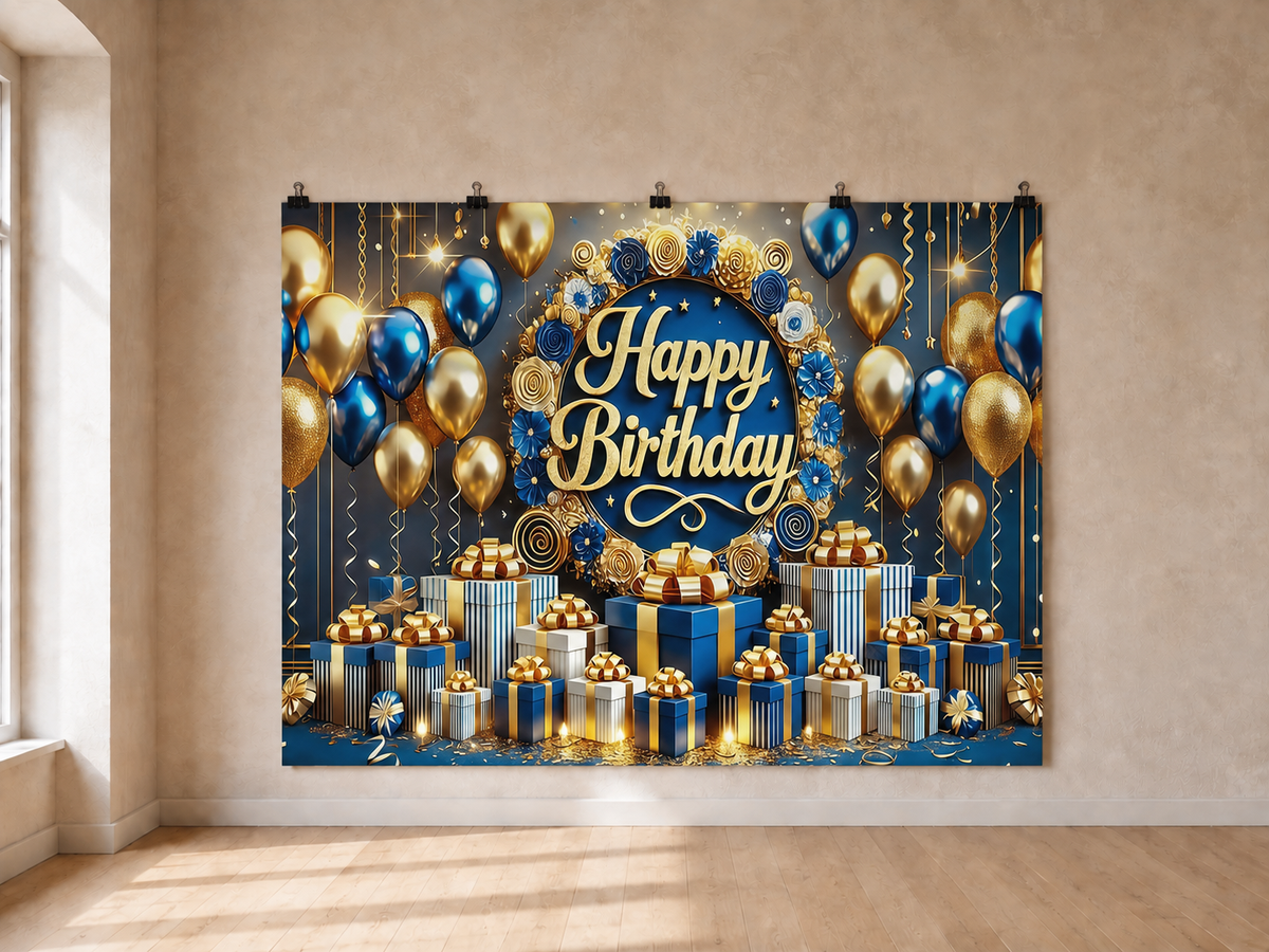 Blue and Gold Happy Birthday printed polyester backdrop, shown at244 x183cm with straight-cut unhemmed edges and wall clips. Flat printed scenery; accessories not included.