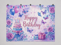Purple Birthday Cake and Butterflies printed polyester backdrop, shown at244 x183cm with straight-cut unhemmed edges and wall clips. Flat printed scenery; accessories not included.