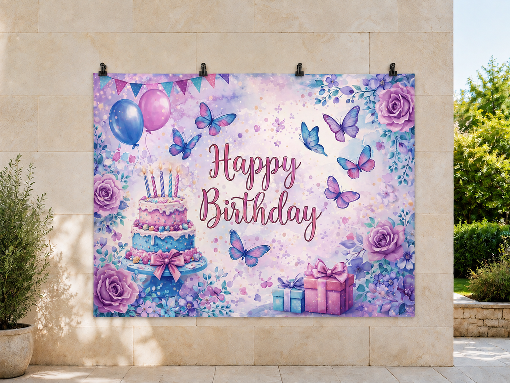 Purple Birthday Cake and Butterflies printed polyester backdrop, shown at244 x183cm with straight-cut unhemmed edges and wall clips. Flat printed scenery; accessories not included.