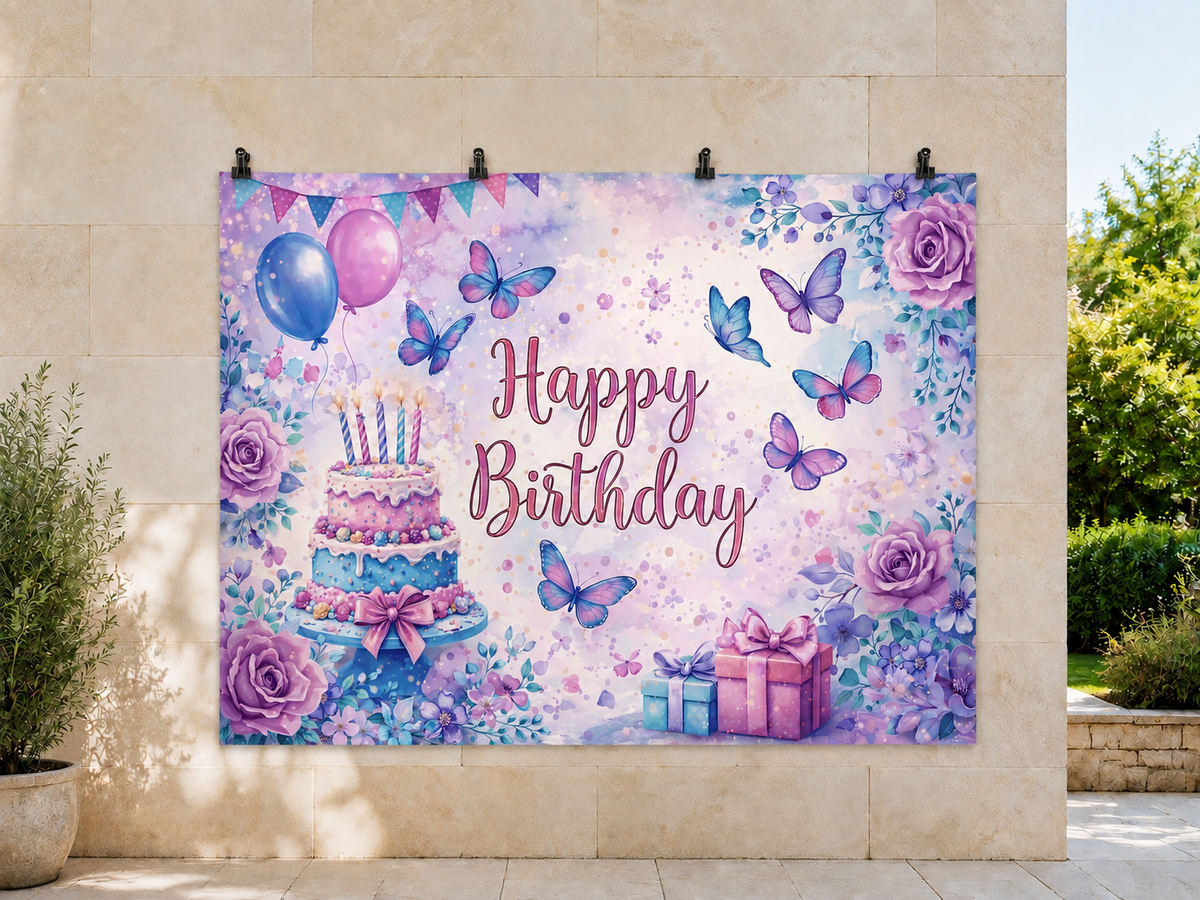 Purple Birthday Cake and Butterflies printed polyester backdrop, shown at244 x183cm with straight-cut unhemmed edges and wall clips. Flat printed scenery; accessories not included.