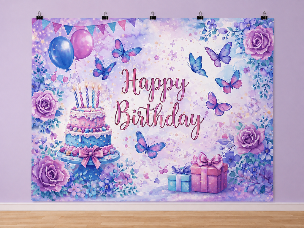Purple Birthday Cake and Butterflies printed polyester backdrop, shown at244 x183cm with straight-cut unhemmed edges and wall clips. Flat printed scenery; accessories not included.