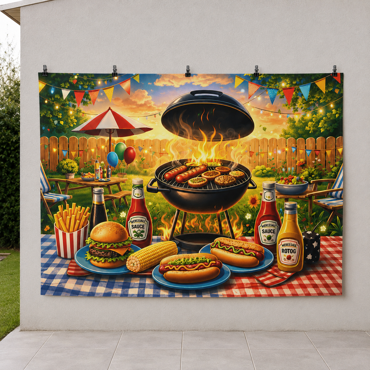 FJ26062916 flat printed polyester backdrop, temporary outdoor wall display; accessories not included