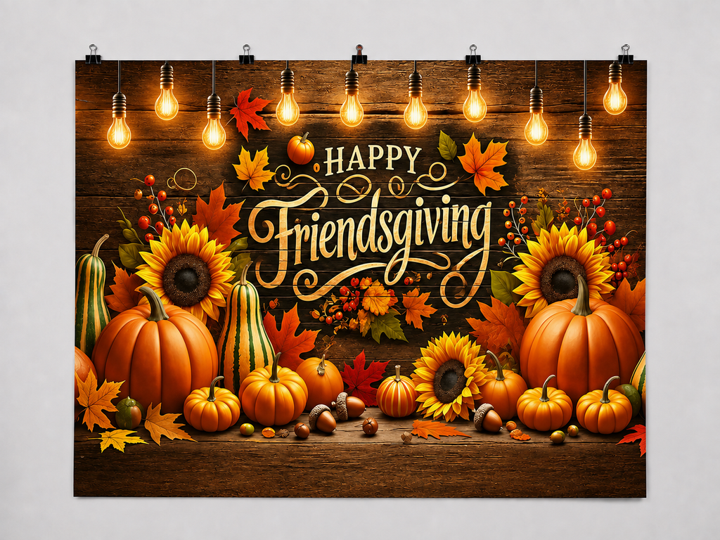 Autumn Friendsgiving printed polyester backdrop, shown at244 x183cm with straight-cut unhemmed edges and wall clips. Flat printed scenery; accessories not included.