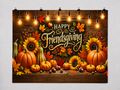 Autumn Friendsgiving printed polyester backdrop, shown at244 x183cm with straight-cut unhemmed edges and wall clips. Flat printed scenery; accessories not included.