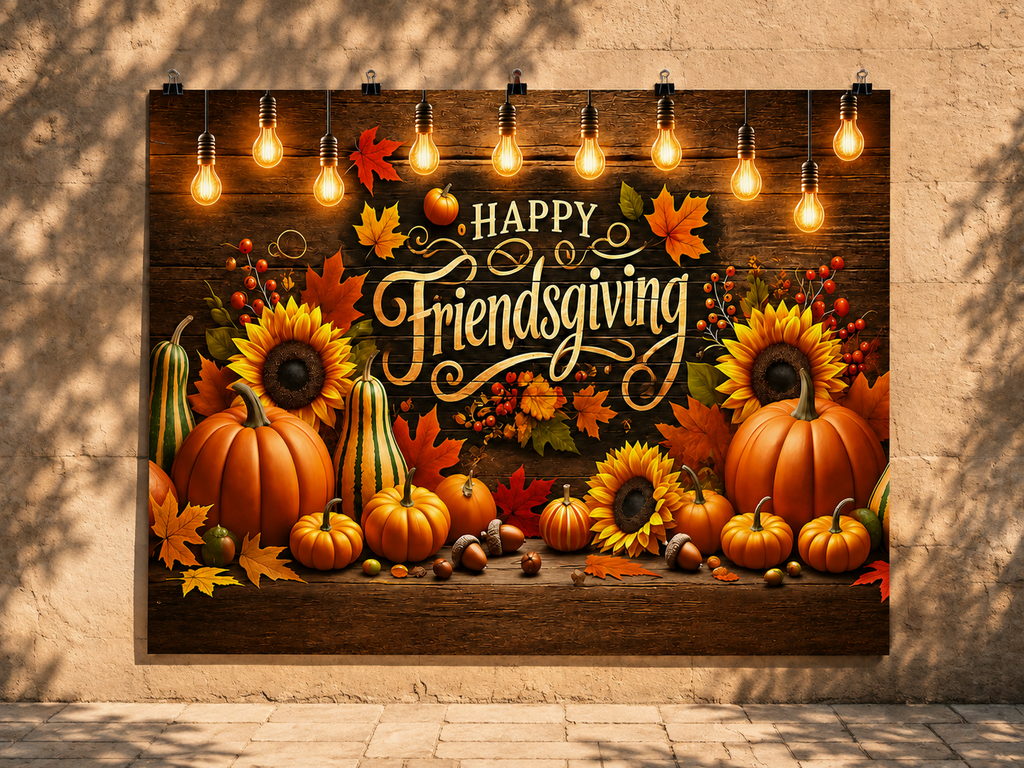 Autumn Friendsgiving printed polyester backdrop, shown at244 x183cm with straight-cut unhemmed edges and wall clips. Flat printed scenery; accessories not included.