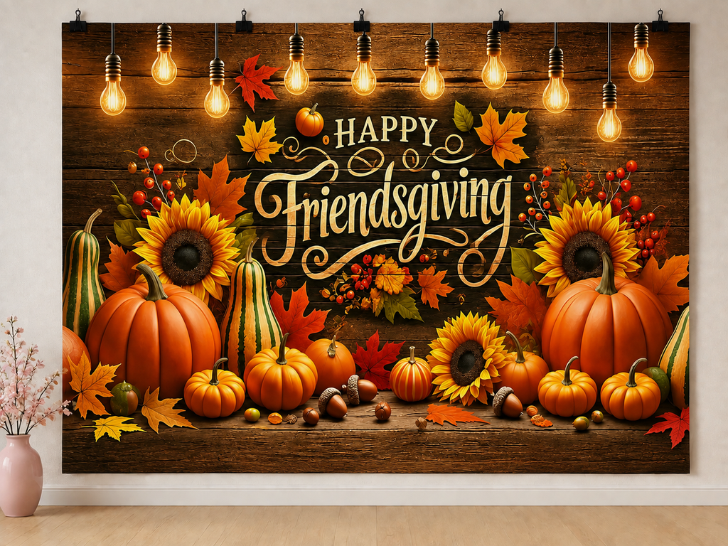 Autumn Friendsgiving printed polyester backdrop, shown at244 x183cm with straight-cut unhemmed edges and wall clips. Flat printed scenery; accessories not included.