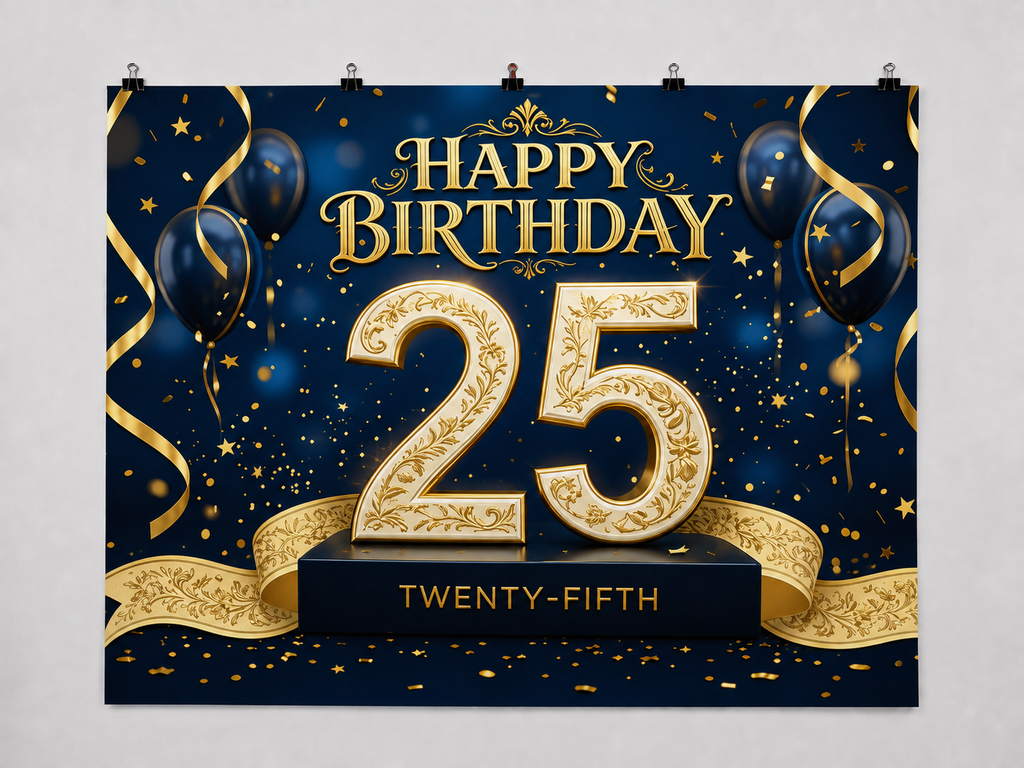 Navy and Gold 25th Birthday printed polyester backdrop, shown at244 x183cm with straight-cut unhemmed edges and wall clips. Flat printed scenery; accessories not included.
