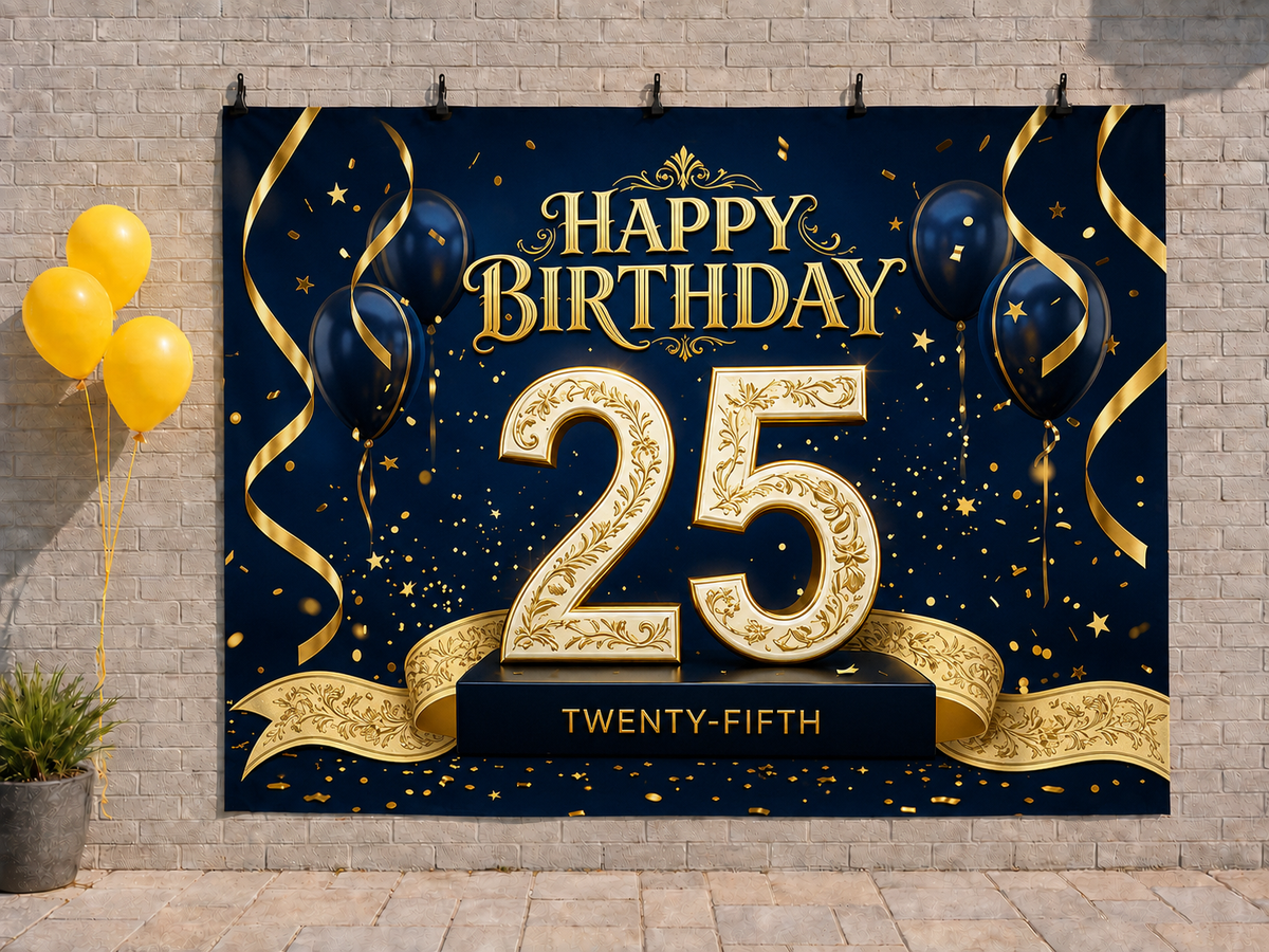 Navy and Gold 25th Birthday printed polyester backdrop, shown at244 x183cm with straight-cut unhemmed edges and wall clips. Flat printed scenery; accessories not included.