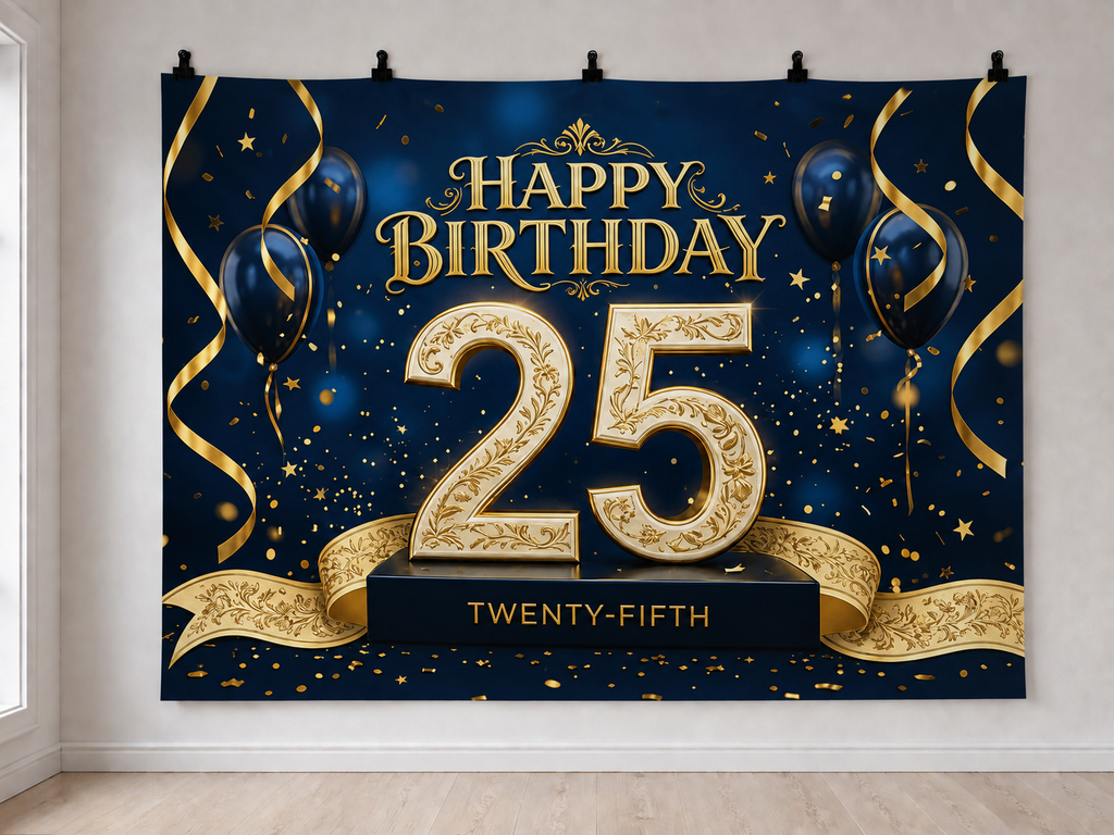 Navy and Gold 25th Birthday printed polyester backdrop, shown at244 x183cm with straight-cut unhemmed edges and wall clips. Flat printed scenery; accessories not included.