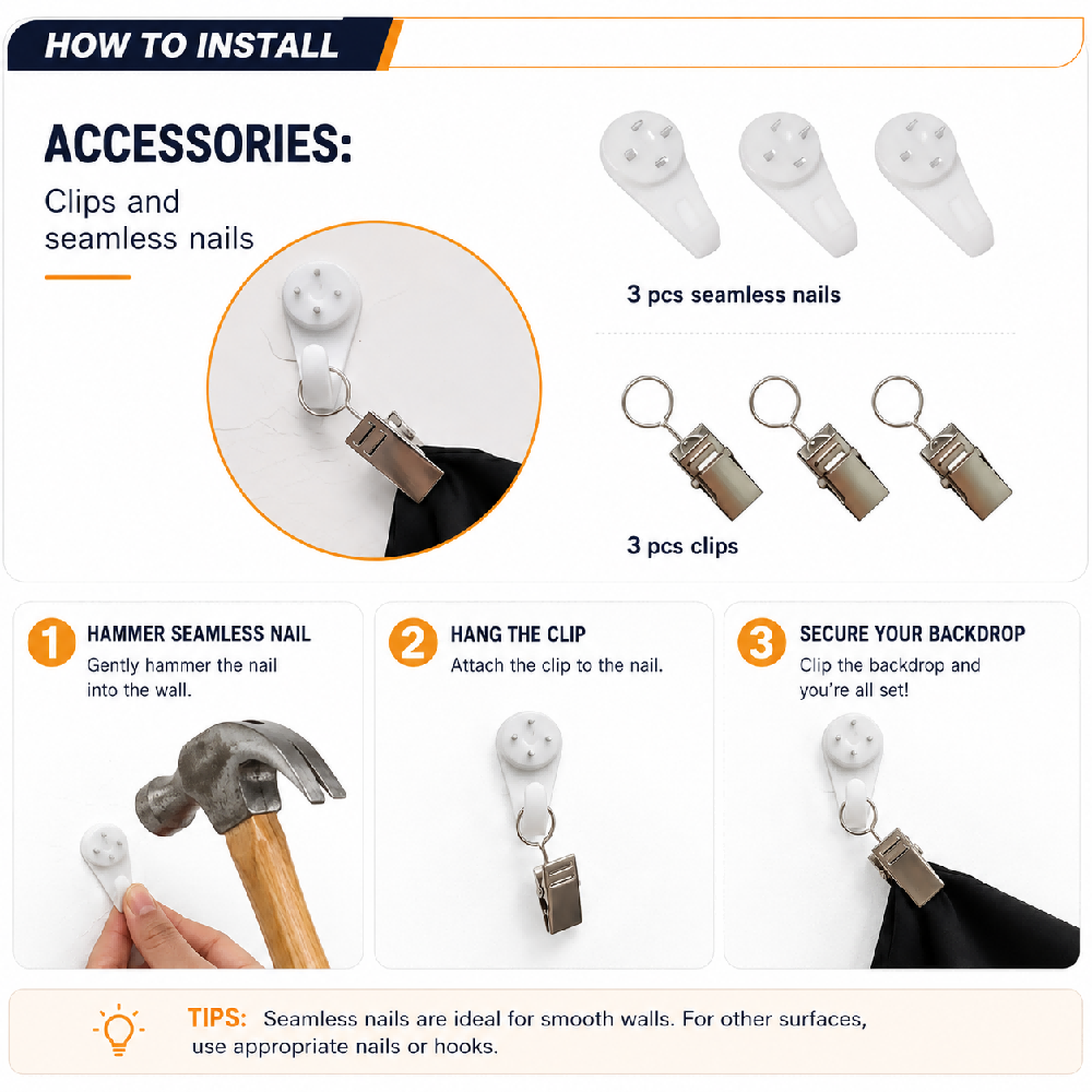 How to install a FuJo backdrop with included clips and seamless nails