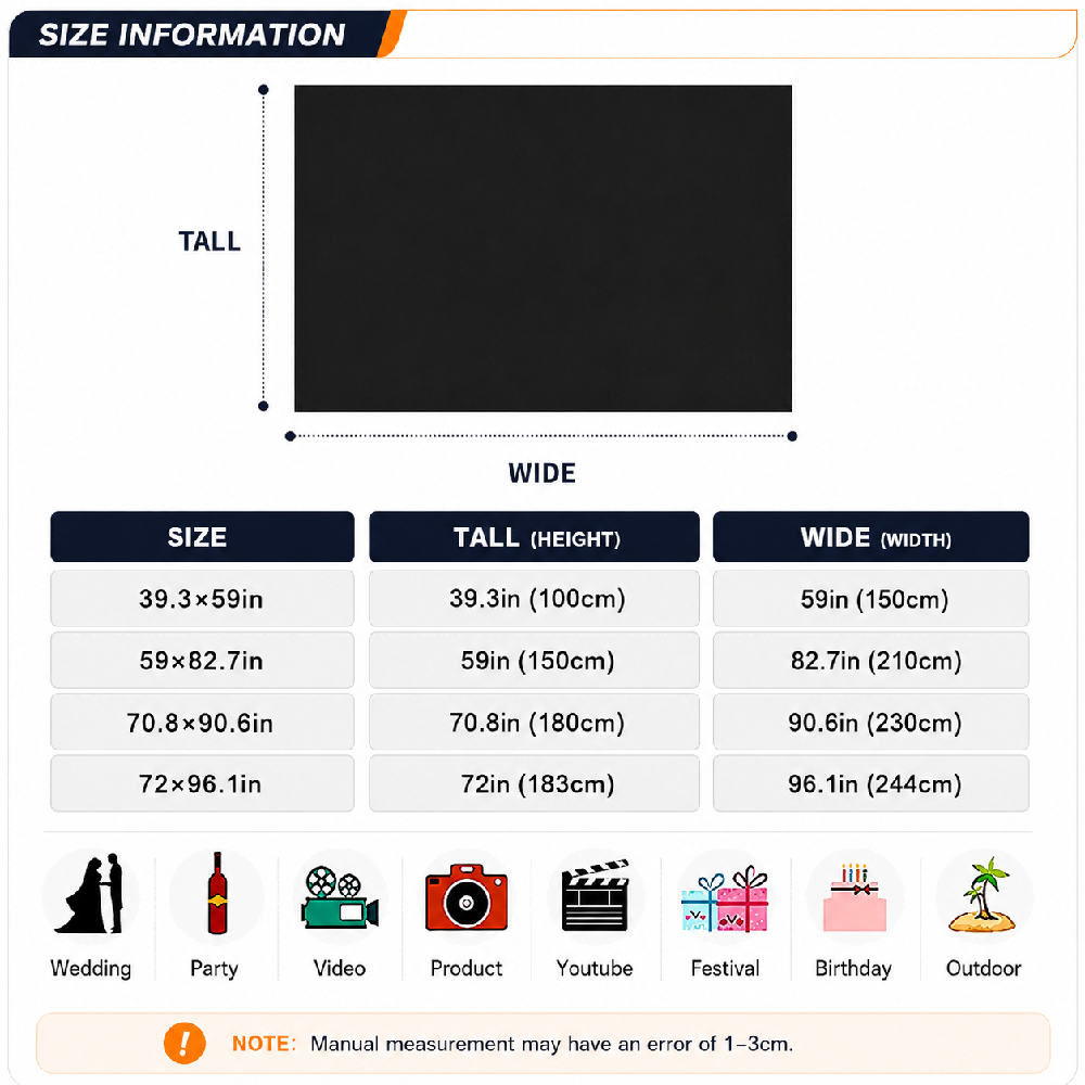 FuJo backdrop size guide in inches and centimeters