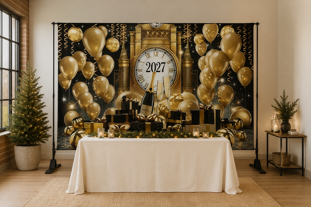 Black Gold 2027 New Year Backdrop in event studio