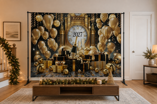 Black Gold 2027 New Year Backdrop in alternate room setting