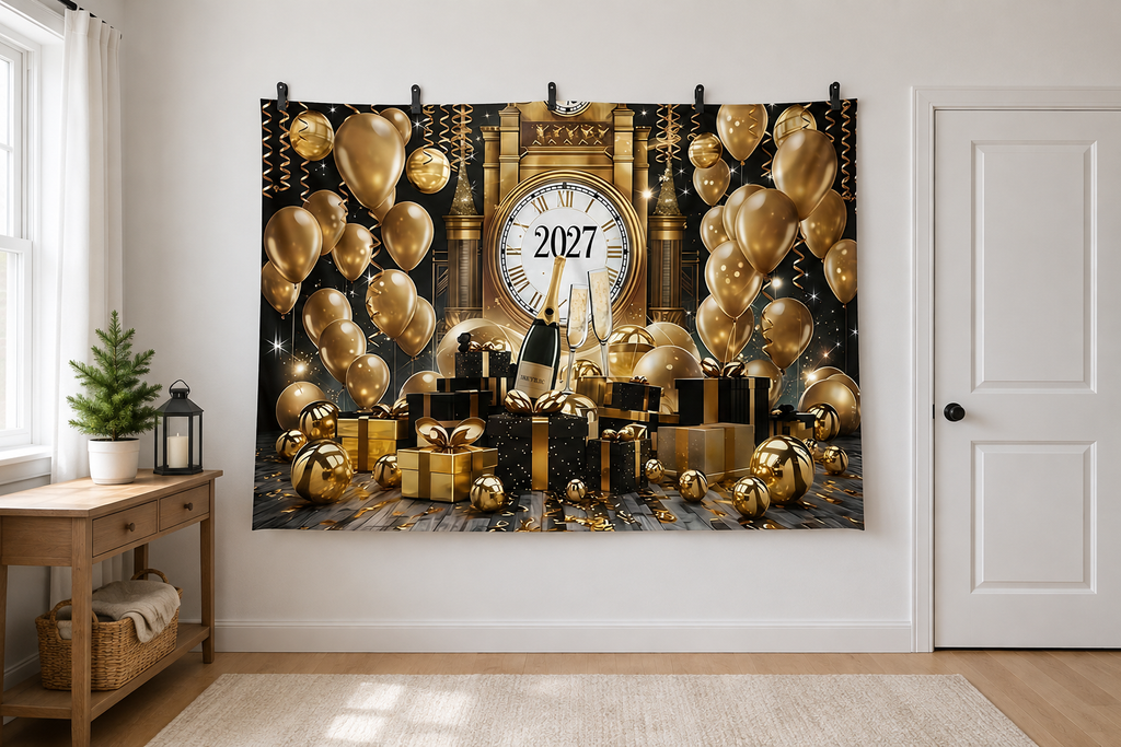Black Gold 2027 New Year Backdrop clipped directly to wall