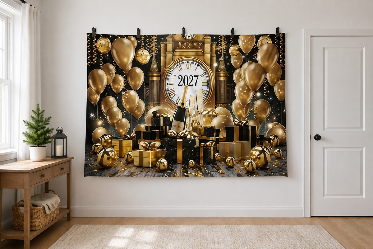 Black Gold 2027 New Year Backdrop clipped directly to wall