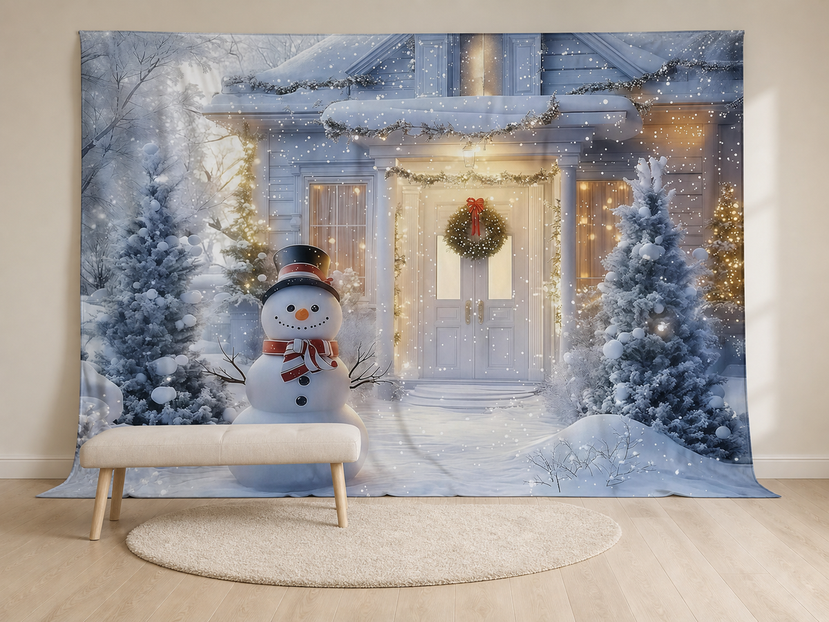 Snowman winter house fabric backdrop for Christmas portraits