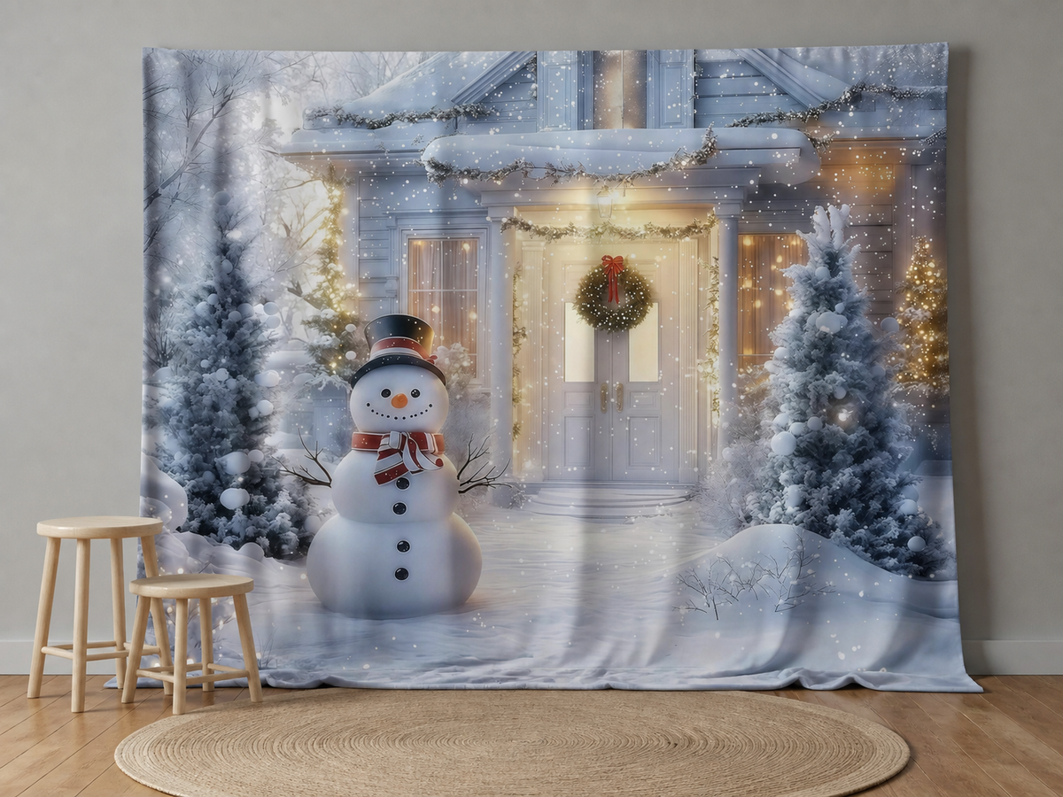 Snowy house and snowman photography backdrop for family photos