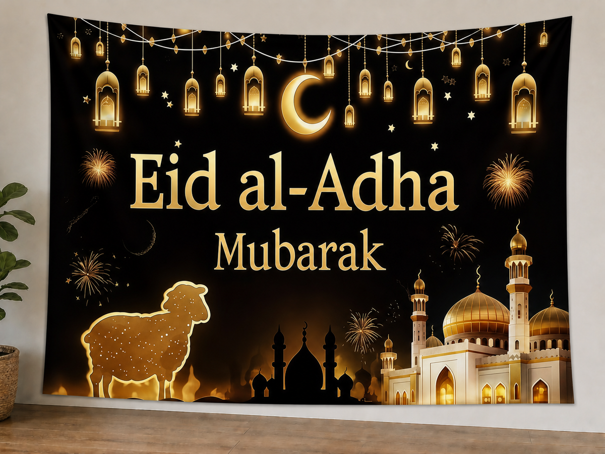 Eid al-Adha Mubarak Backdrop displayed on a lightweight polyester backdrop