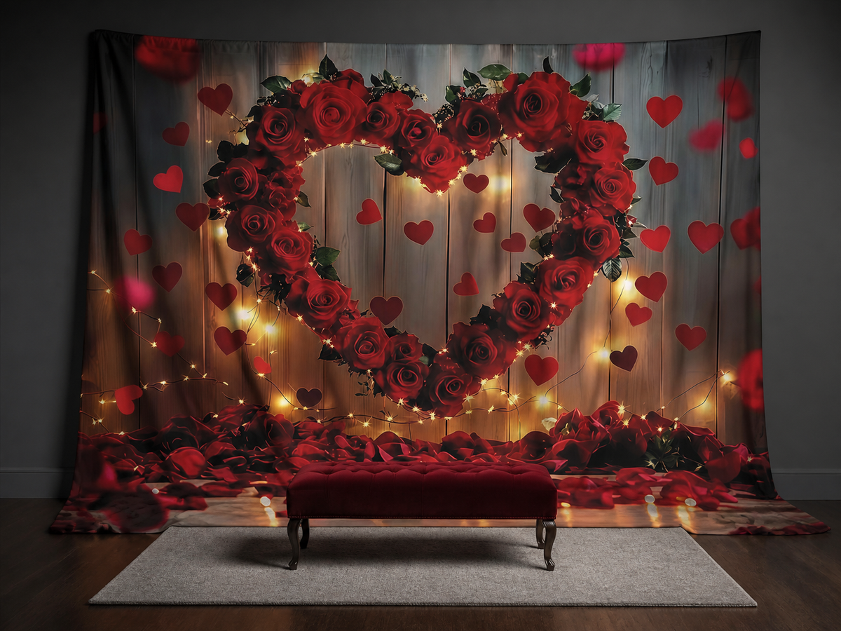 Red rose heart fabric backdrop in Valentine portrait studio
