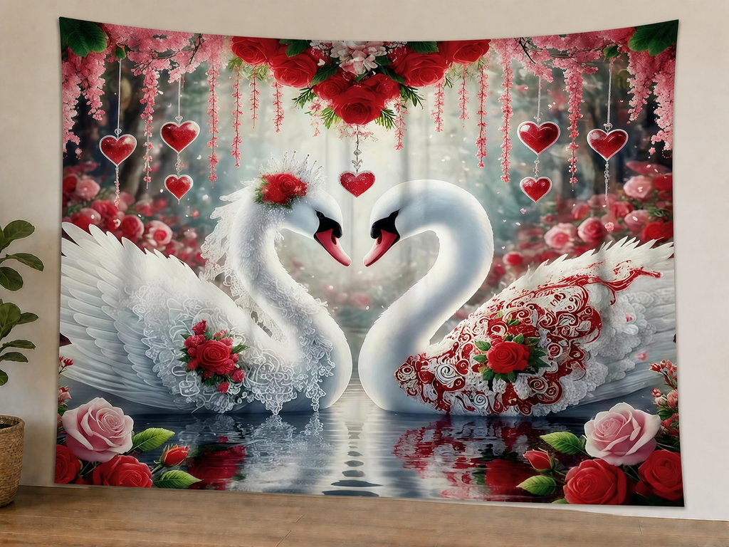 Romantic Swan Heart Floral Backdrop styled scene 1