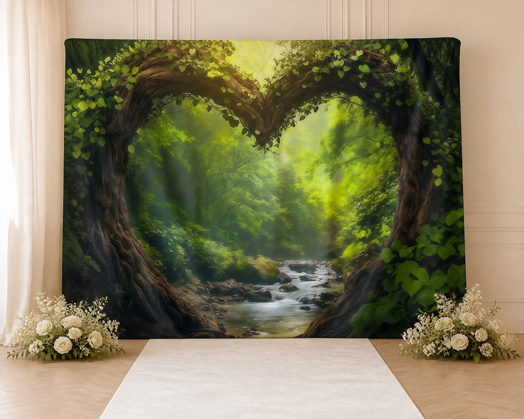 Heart Tree Forest Stream Wedding Backdrop ceremony