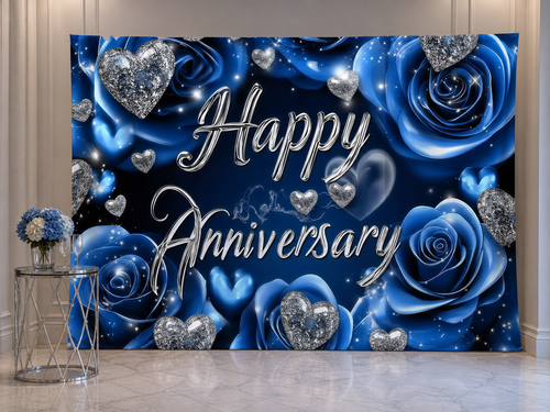Blue rose Happy Anniversary backdrop event photo booth scene