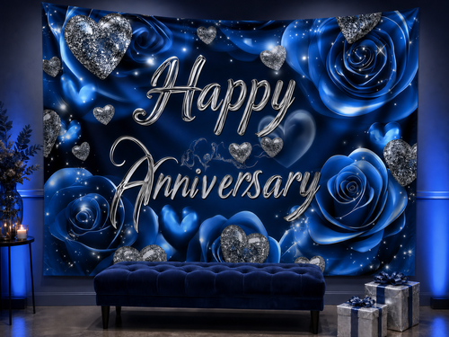 Blue rose Happy Anniversary backdrop dinner portrait scene