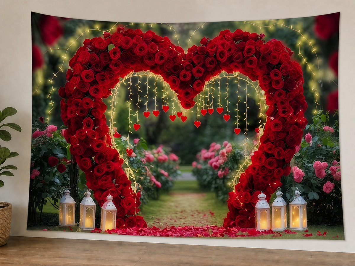 Red Rose Heart Arch Backdrop styled scene 1