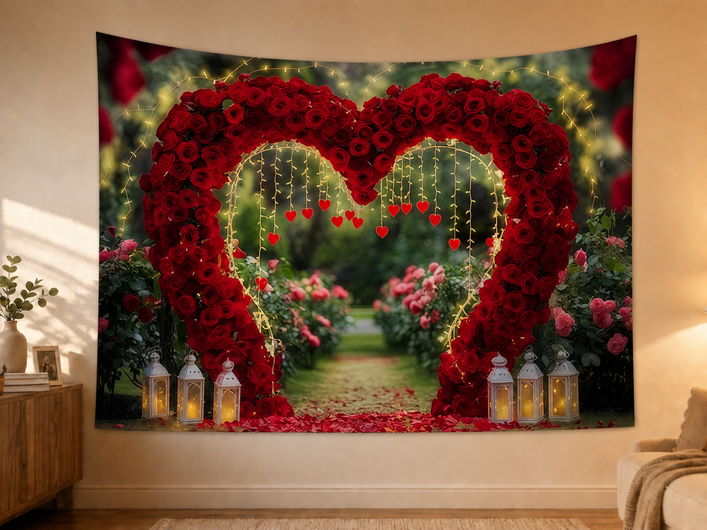 Red Rose Heart Arch Backdrop styled scene 2